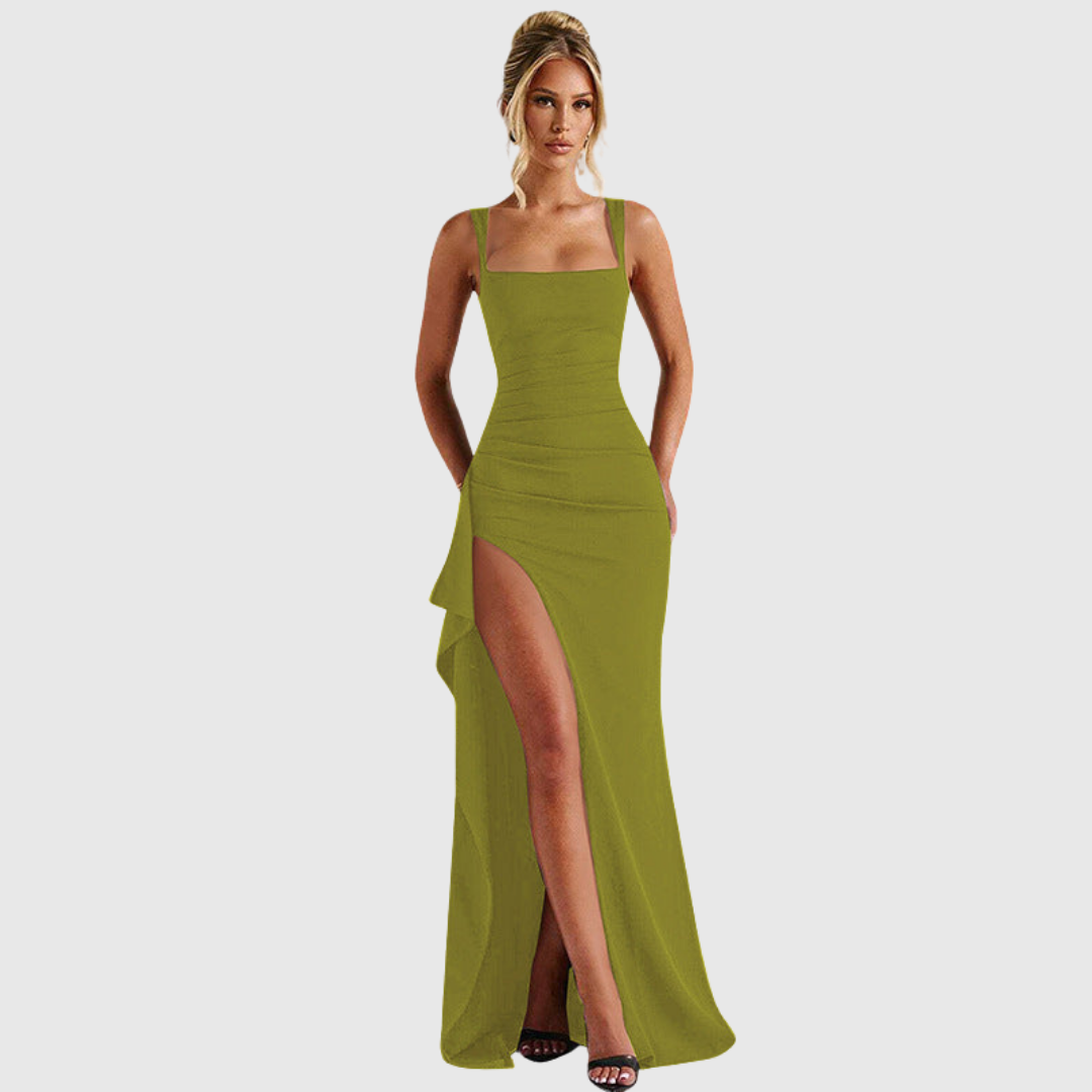 Sophisticated women's square neck homecoming dress. Bodycon fit with an elegant thigh slit.