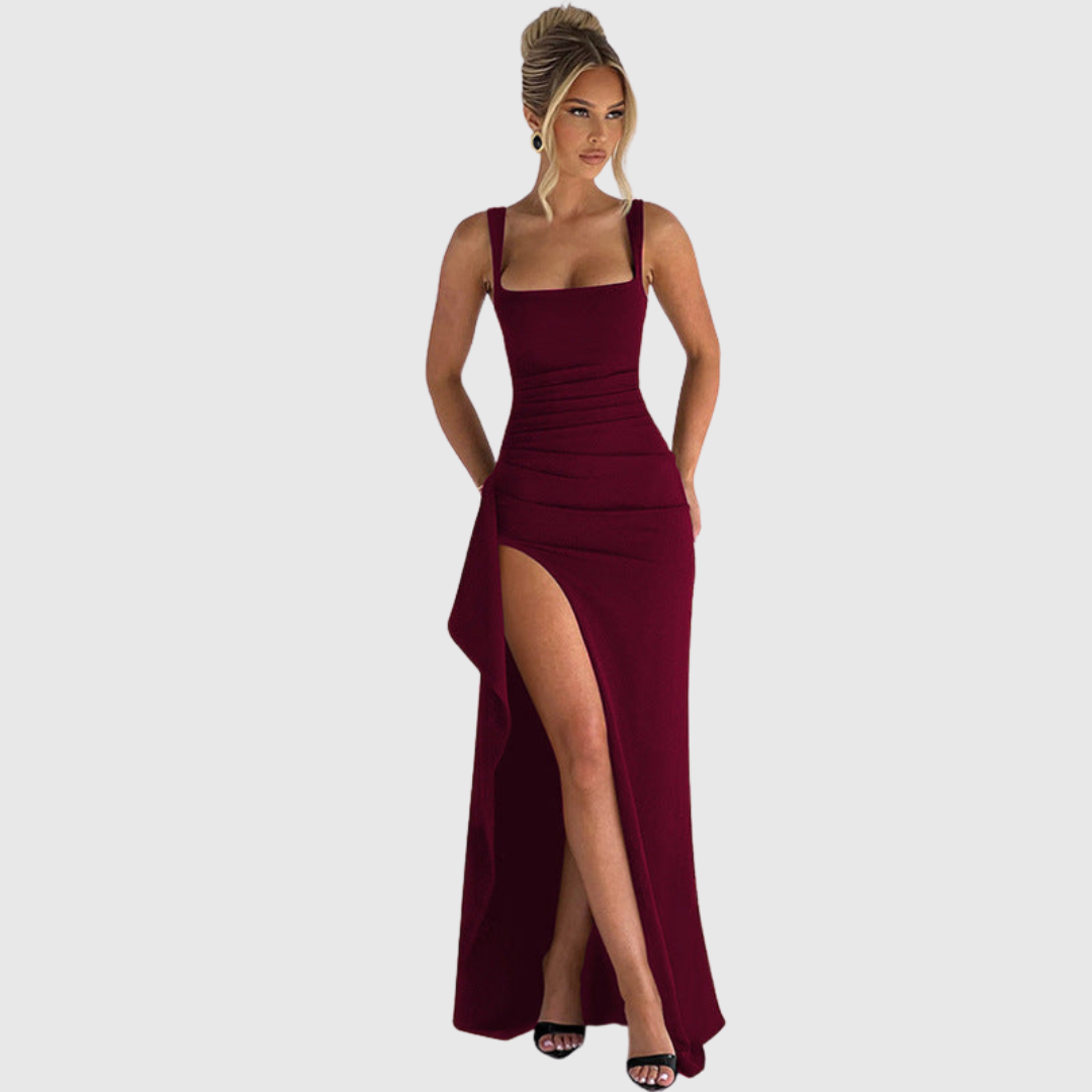 Stunning party dress: Square neck, thigh slit, bodycon fit. Ideal for homecoming & special occasions.