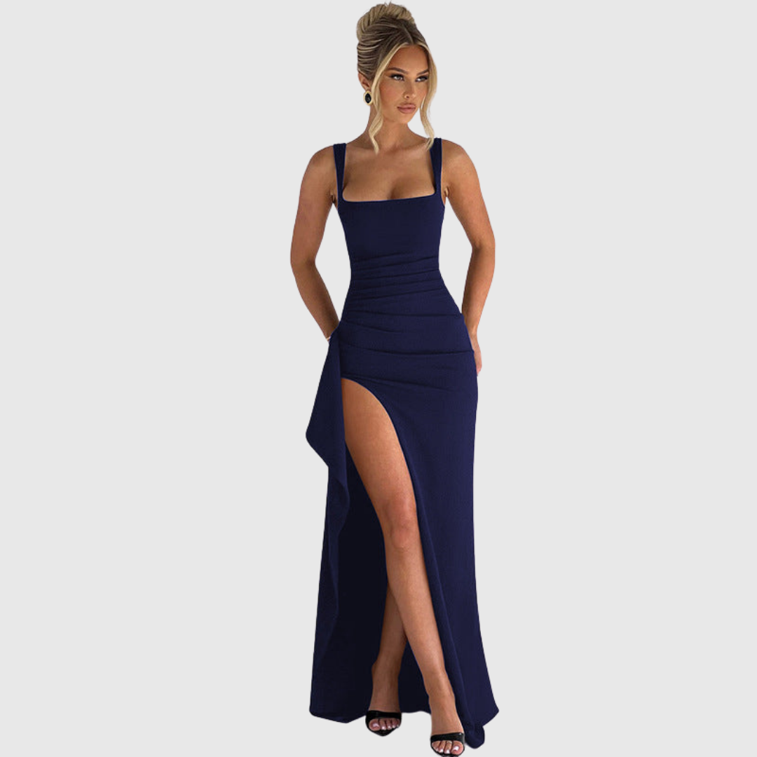 Formal square neck dress for women. Thigh slit bodycon design, ideal as a homecoming or prom dress.