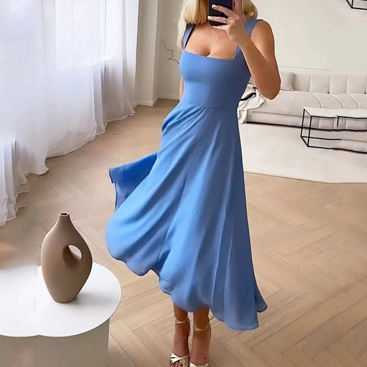 Elegant women's square neck midi dress. Perfect tailored fit for special occasions & formal events in blue, white, or black.