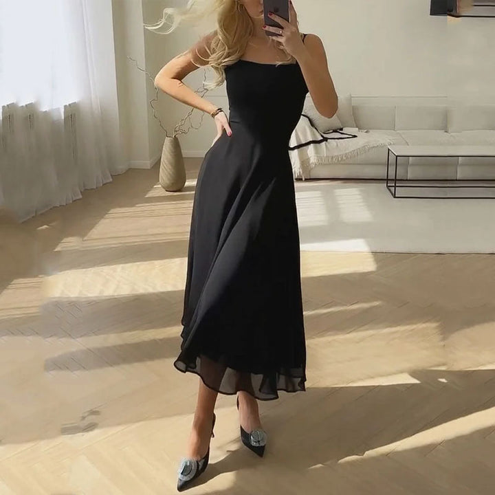 Chic women's square neck party dress. Tailored midi length in blue, white, or black, perfect for elegant occasions.