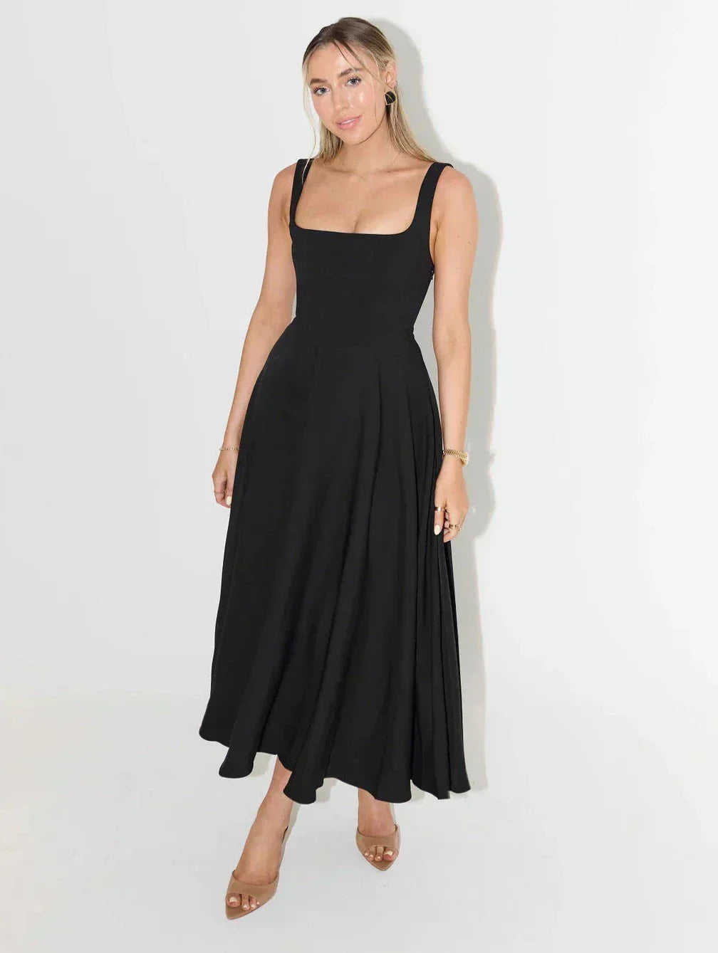 Timeless classic style women's square neck midi dress, an elegant and flattering addition to any wardrobe.
