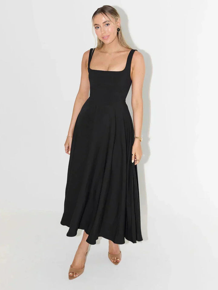 Timeless classic style women's square neck midi dress, an elegant and flattering addition to any wardrobe.