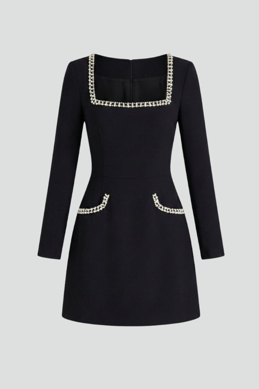 Elegant women's square neck mini dress with long sleeves. Perfect for party or casual wear.