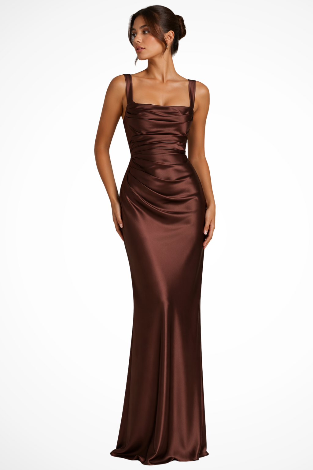 Sophisticated women's ruched maxi dress with a square neckline, an elegant long dress for gala events.