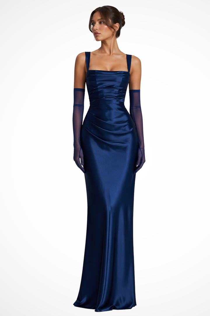 Women's formal black tie square neck ruched maxi dress. A long, elegant gown for special occasions.