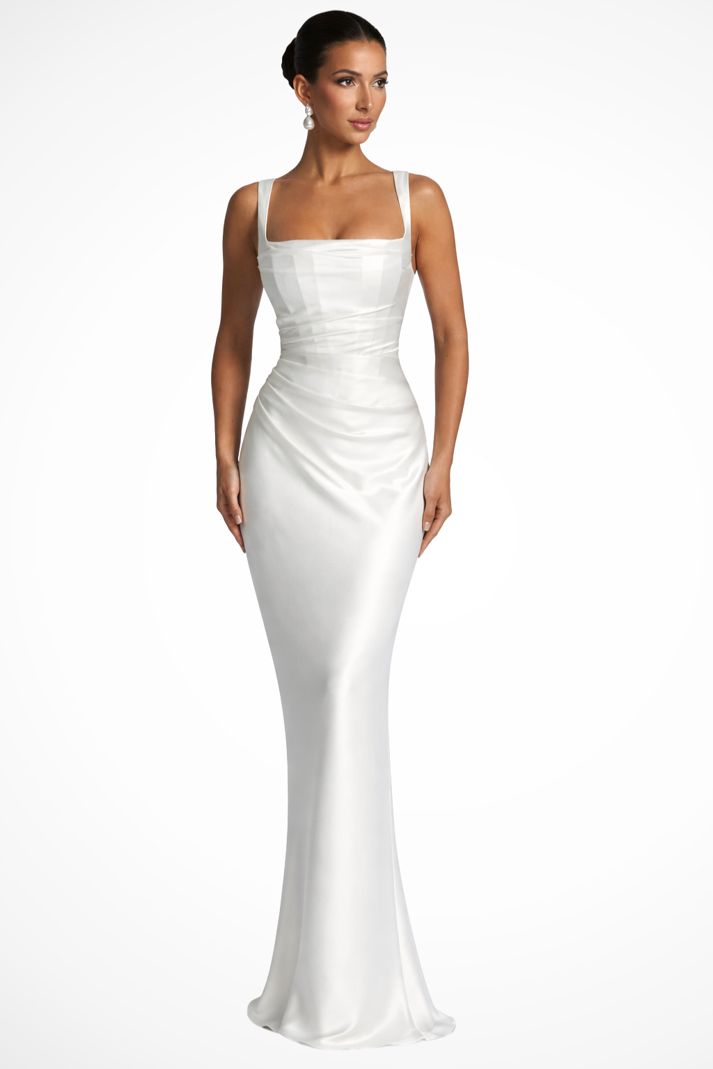 Fashionable women's square neck ruched maxi dress. A sophisticated long party dress for evening events.