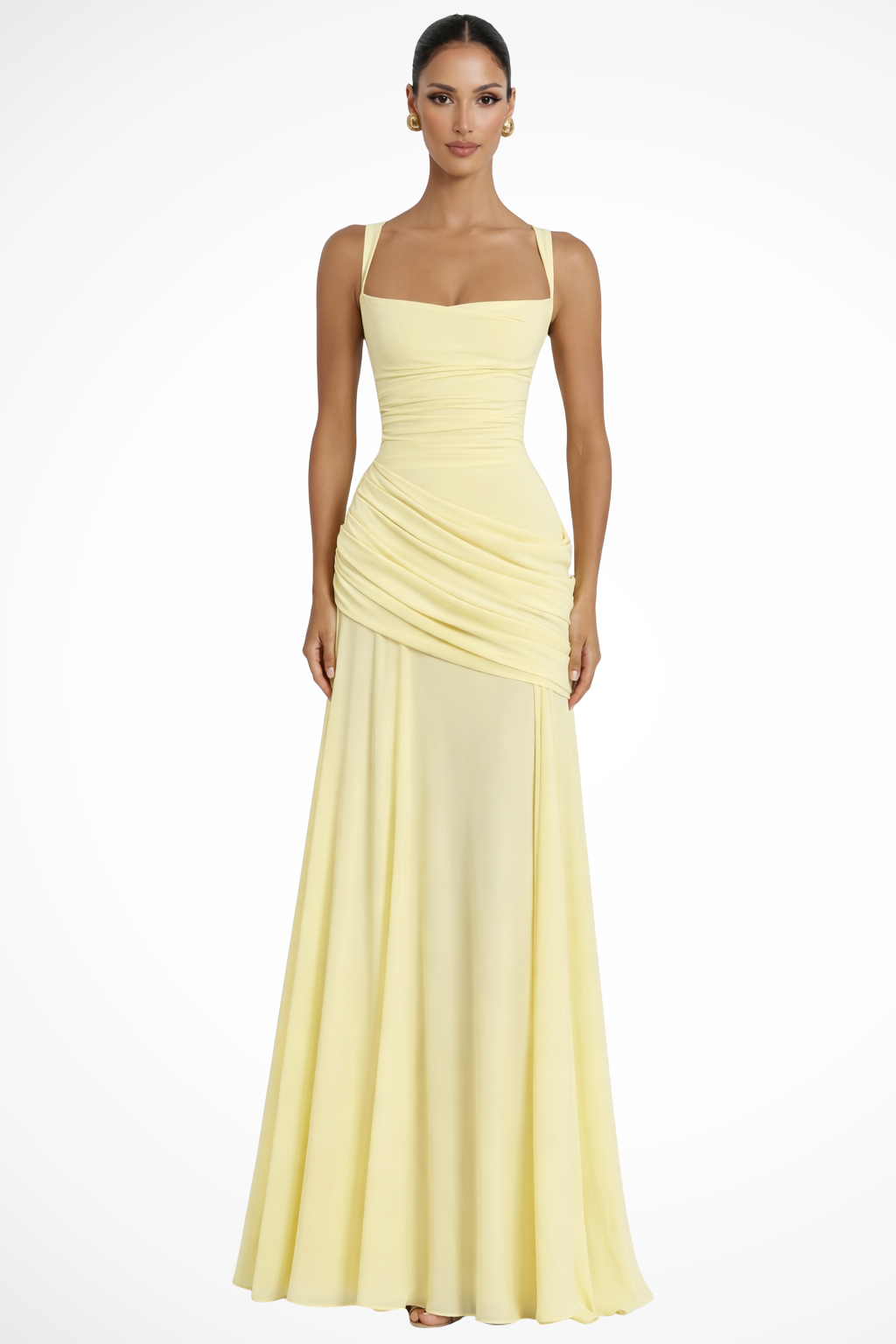 Elegant women's square neck ruched maxi dress, perfect for wedding guests or formal evening events.