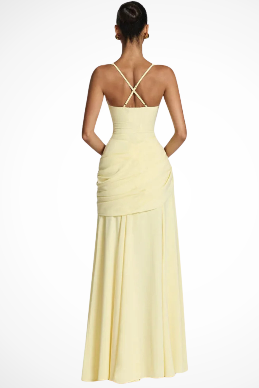 Yellow A-line square neck ruched maxi dress for women, ideal as a wedding guest or party gown.