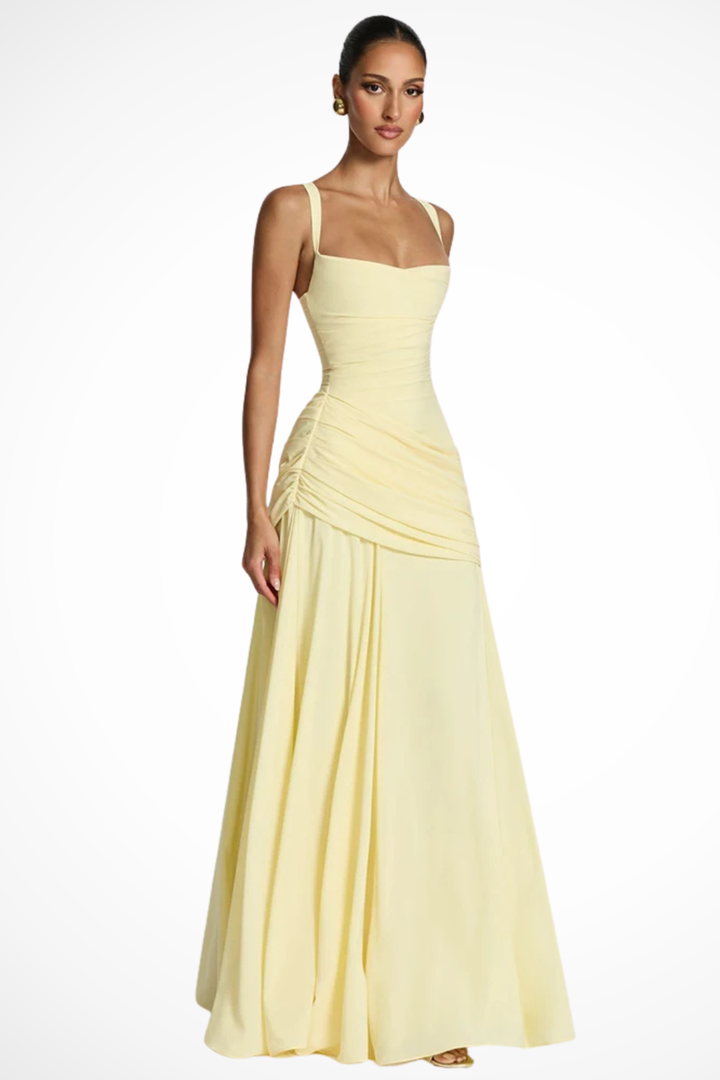 Navy blue elegant square neck ruched maxi dress, a stylish formal gown for special occasions.