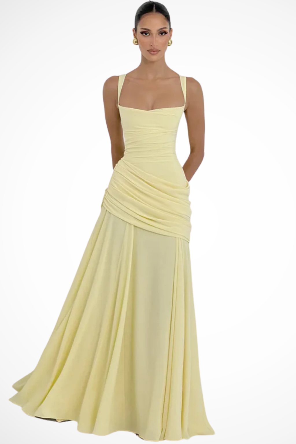 Women's ruched square neck maxi dress with elegant A-line, suitable for evening wear and formal parties.