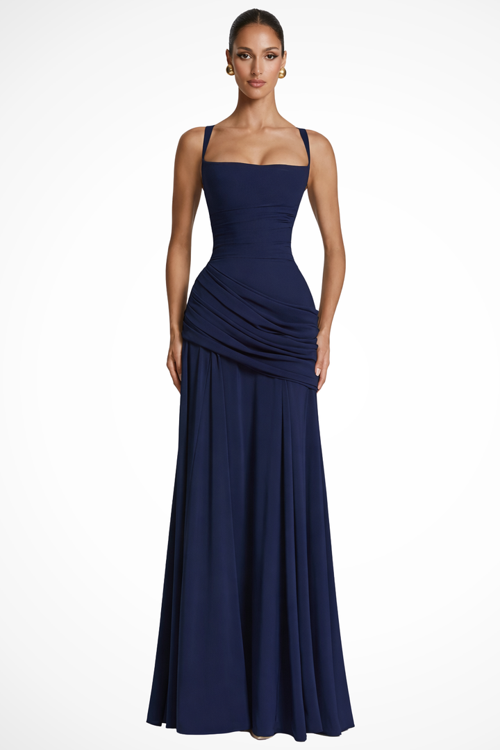 Stylish square neck ruched maxi wedding guest dress for women, an elegant choice for special occasion evening wear.