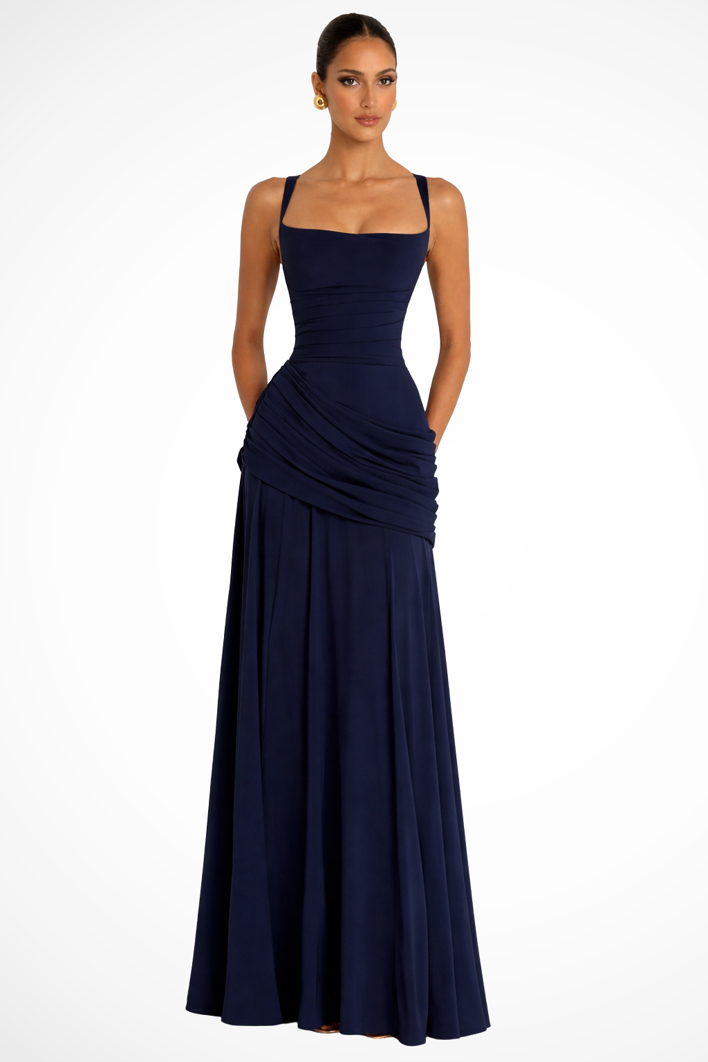 Flattering A-line ruched square neck maxi dress for women, an elegant formal gown perfect for wedding guests.