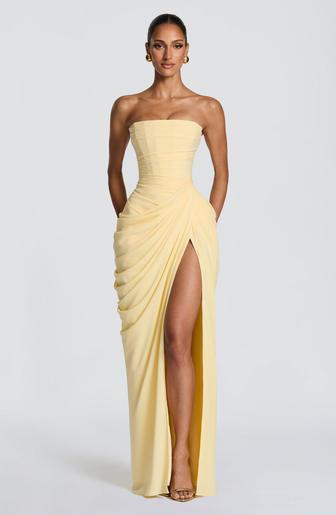 Elegant women's strapless corset bodice maxi dress for formal events & special occasions. Perfect evening gown.