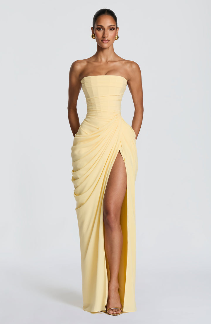 Elegant women's strapless corset bodice maxi dress for formal events & special occasions. Perfect evening gown.