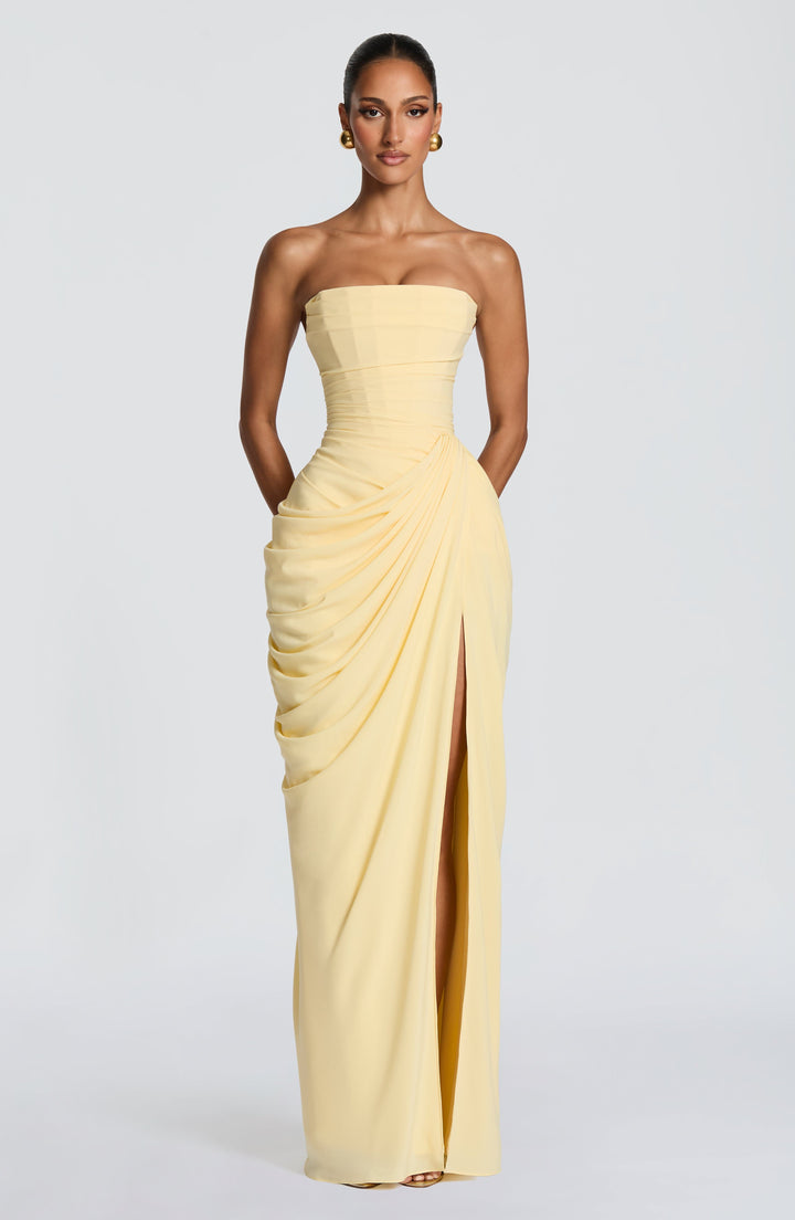 Women's formal strapless maxi dress, elegant corset style with high slit, perfect for cocktails & events.