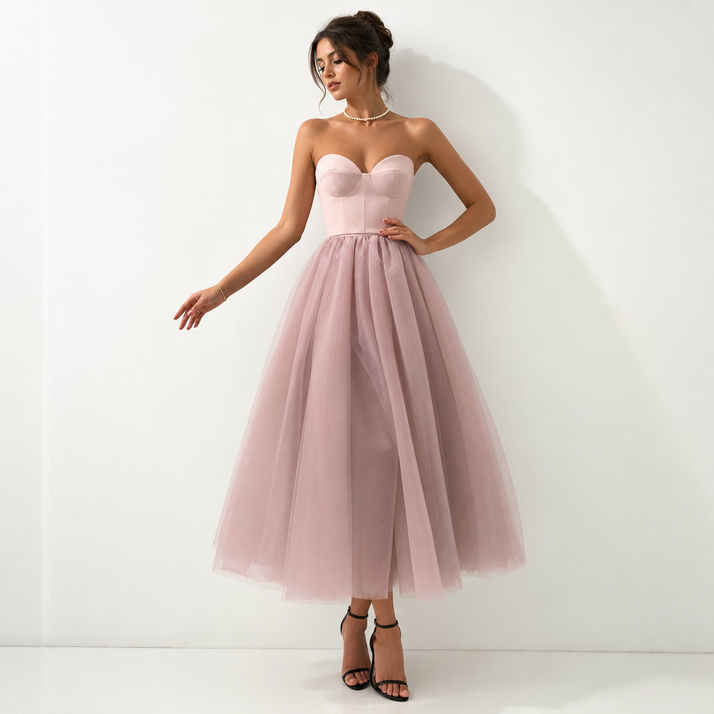 Strapless pleated maxi evening dress for women. A sophisticated formal gown for special occasions & proms.