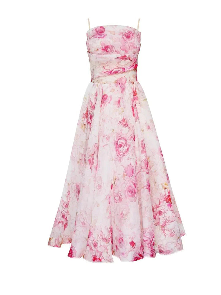 Chic pink floral strapless dress for women. An elegant cocktail or party dress, suitable for special occasions.