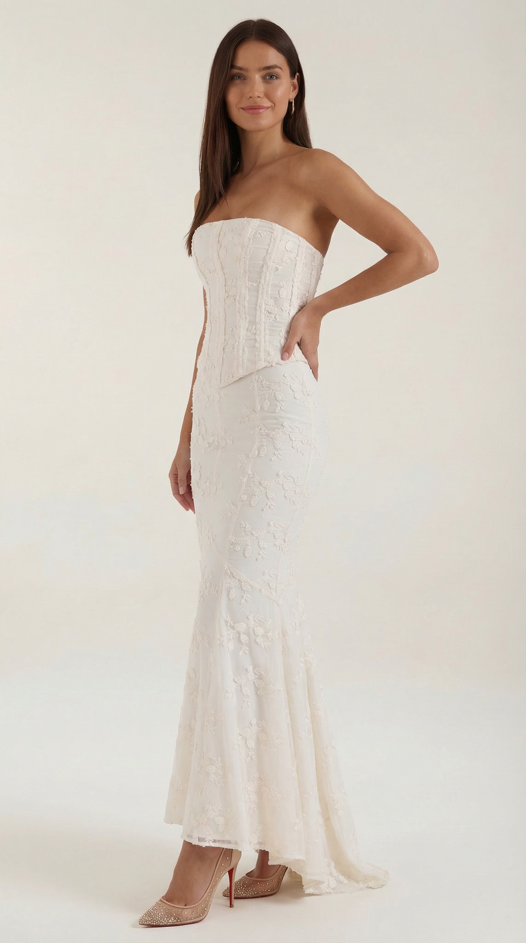 Stunning bridal floral corset mermaid maxi dress. Perfect for weddings, formal occasions & elegant evening wear.
