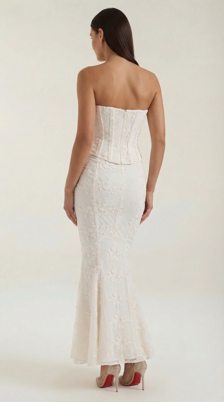 Women's strapless floral pattern corset maxi dress. Beautiful, elegant gown for special occasions & formal events.