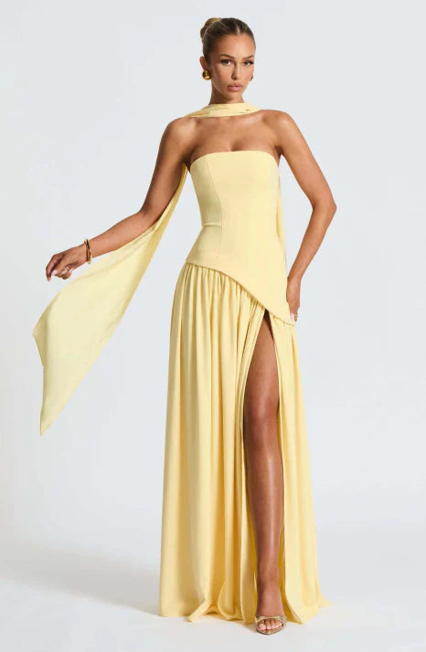 Chic black strapless maxi dress, an elegant formal gown perfect for evening parties & sophisticated events.