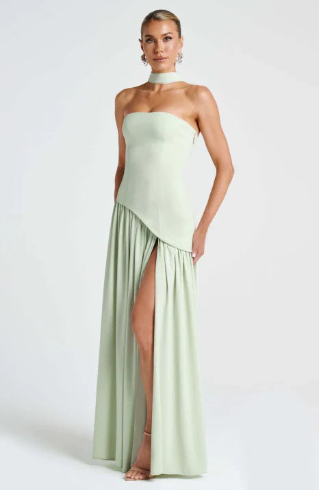Women's elegant flowing strapless maxi dress, ideal formal wear for evening galas & special events.