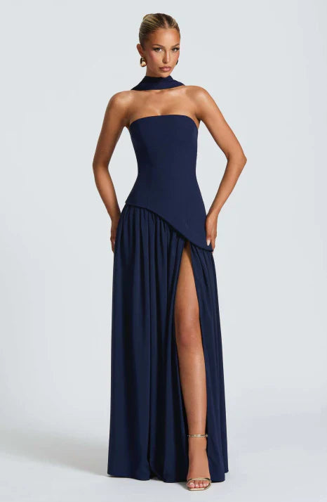 Sleeveless, strapless women's formal maxi gown with an elegant, flowing silhouette, perfect for occasions.