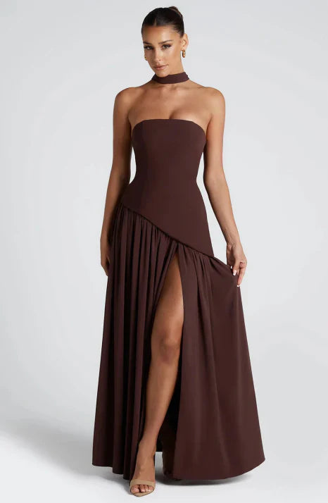 Luxurious red strapless evening gown, a floor-length formal maxi dress for elegant women's occasion wear.