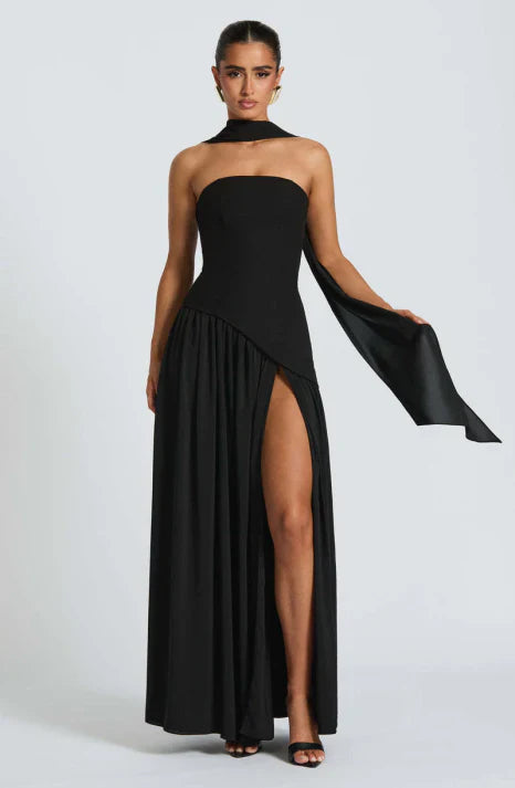 Classic black strapless party dress, a versatile and elegant women's maxi gown for any formal event.
