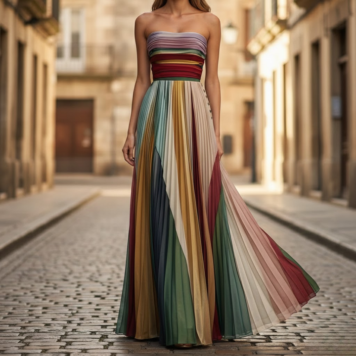 Elegant women's strapless pleated midi dress, perfect for summer parties or wedding guests, with a flowing design.