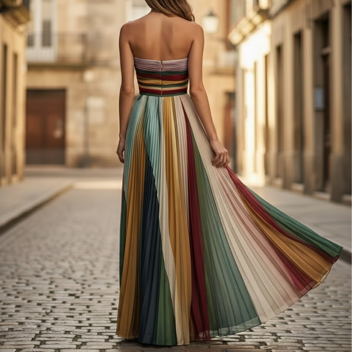 Chic women's strapless summer midi dress with elegant pleats, ideal for casual or wedding guest wear.