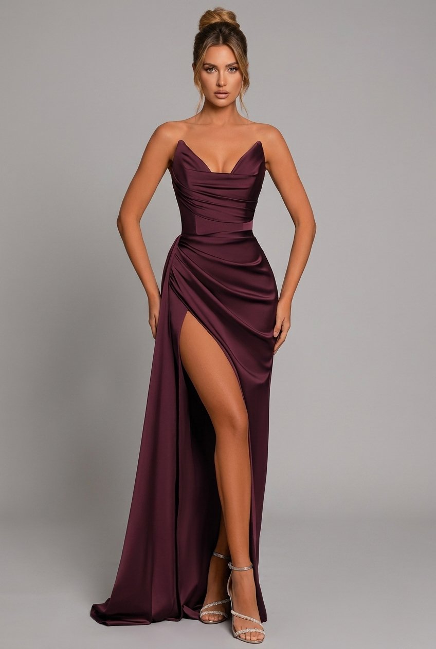 Elegant women's strapless ruched maxi dress, perfect for formal events, wedding guests, or as a bridesmaid gown.
