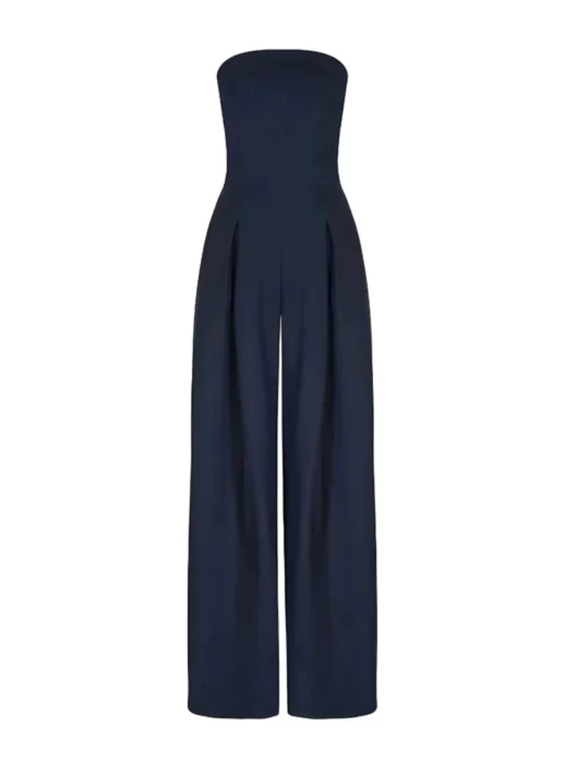 Formal women's strapless wide-leg jumpsuit. Sophisticated evening wear & occasion outfit. Black or navy options.