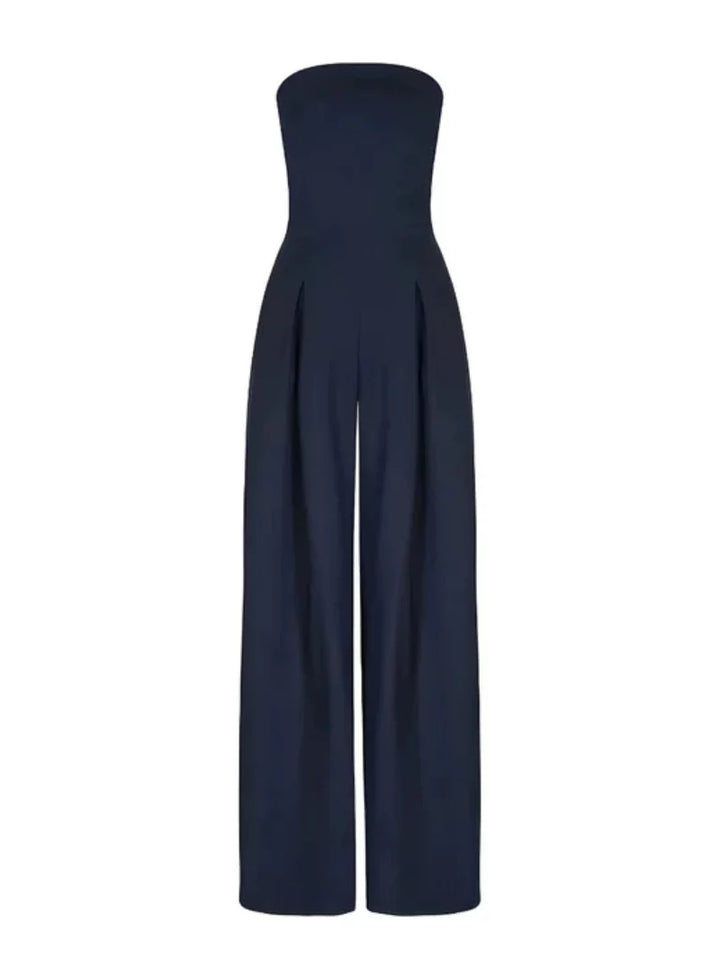Formal women's strapless wide-leg jumpsuit. Sophisticated evening wear & occasion outfit. Black or navy options.