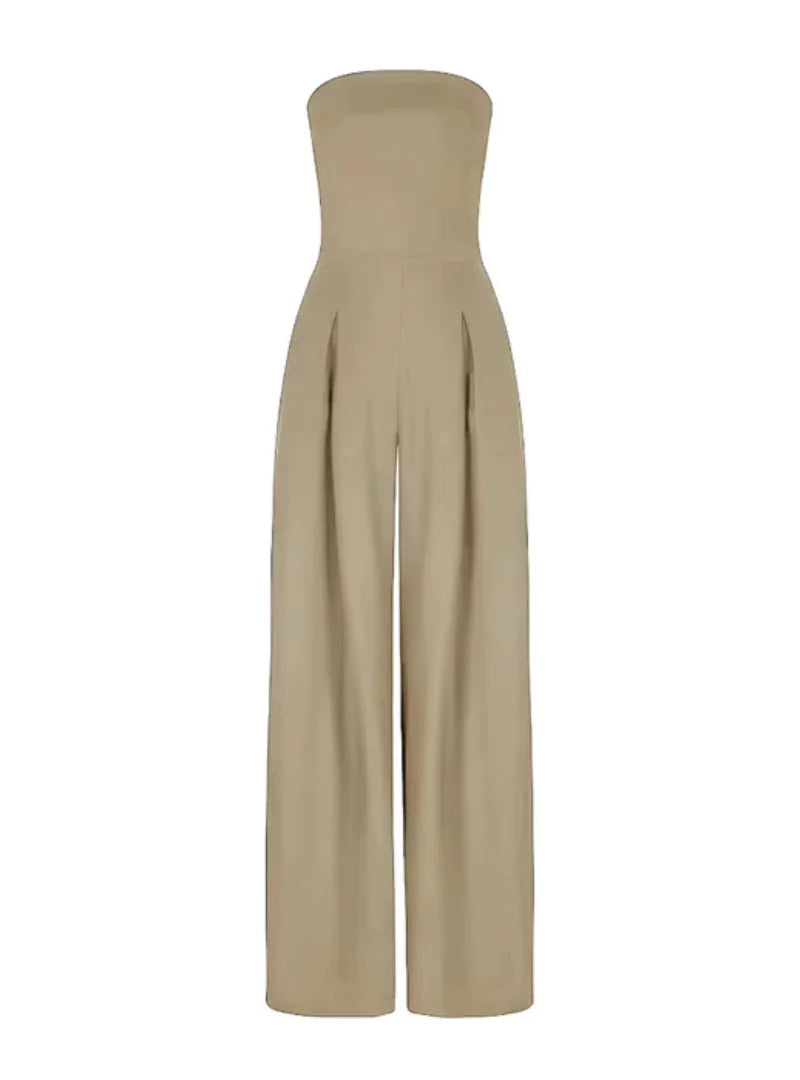 Beige strapless wide-leg jumpsuit for women. Elegant & comfortable for summer fashion, parties & special occasions.