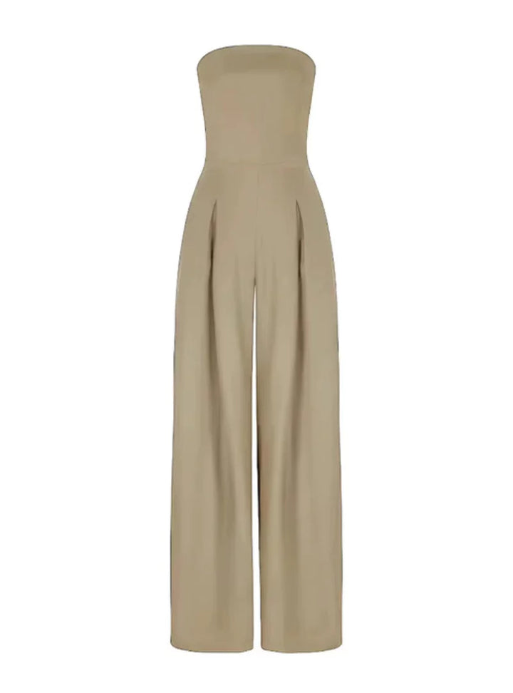 Beige strapless wide-leg jumpsuit for women. Elegant & comfortable for summer fashion, parties & special occasions.