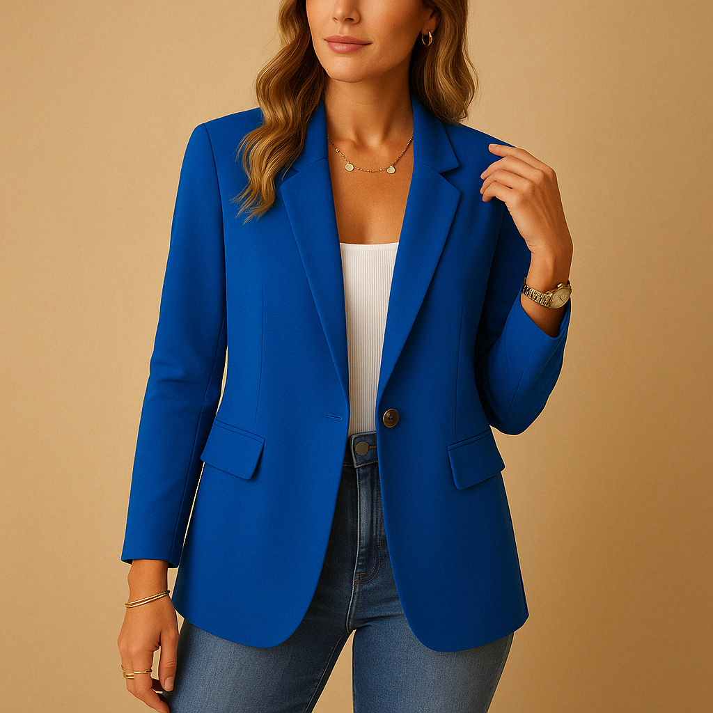 High-quality stretch fabric women's blazer, tailored for comfort, suitable as a stylish office jacket.