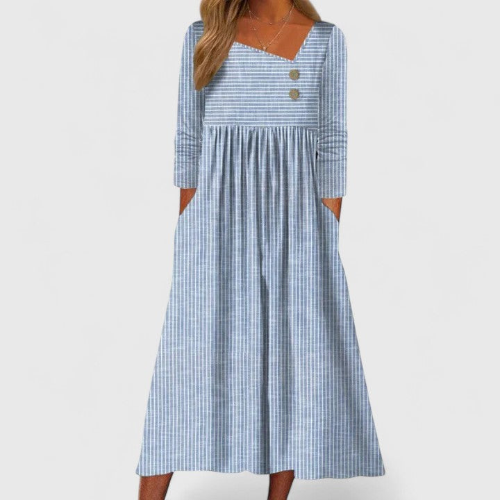 Casual women's striped button-front midi dress, comfy long sleeves, practical pockets, and gathered waist.