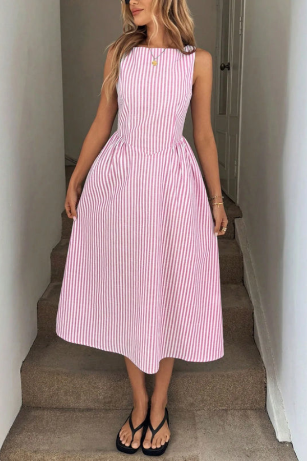 Versatile striped pleated halter neck midi dress for women; suitable for casual outings or elegant parties.