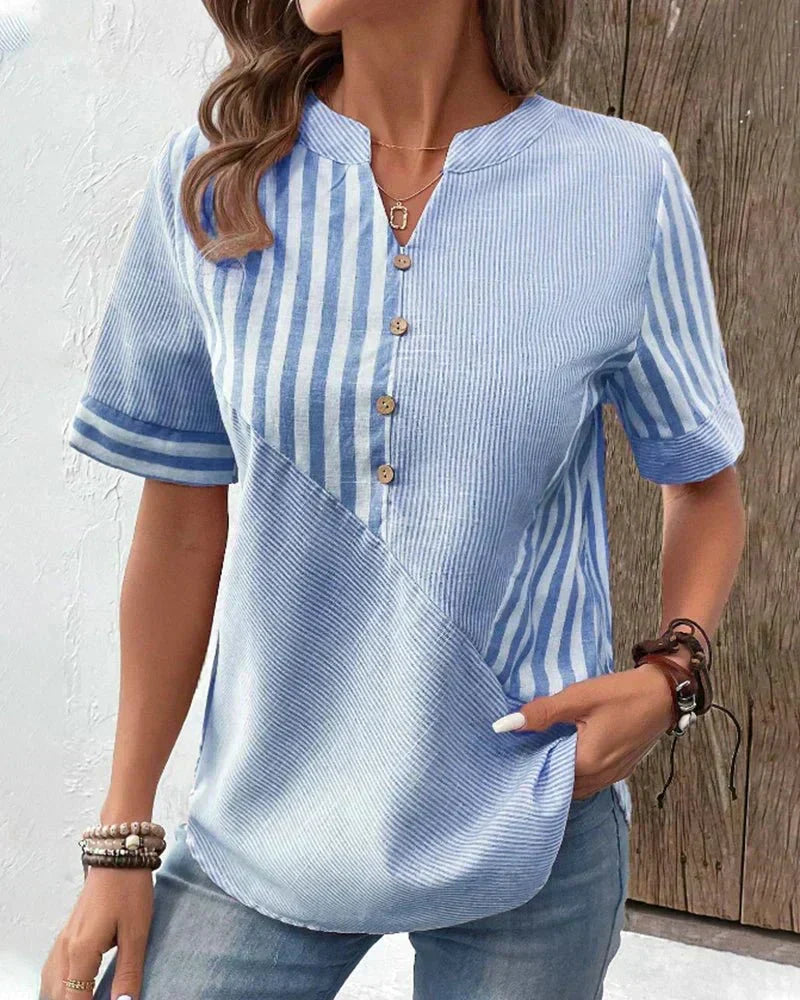 Professional women's striped short sleeve blouse. Ideal workwear top for office, comfortable for spring & summer.
