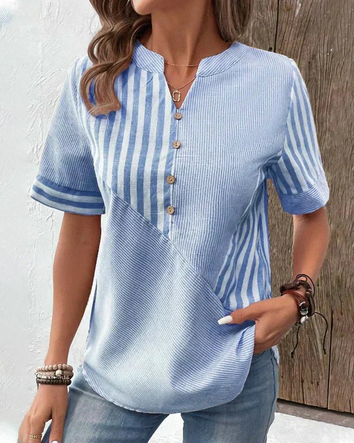 Professional women's striped short sleeve blouse. Ideal workwear top for office, comfortable for spring & summer.