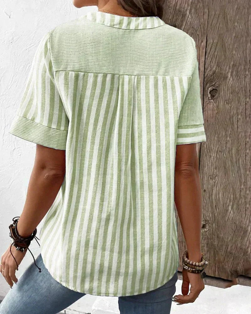 Women's elegant striped short sleeve blouse. Stylish, comfortable top for spring/summer office or casual fashion.