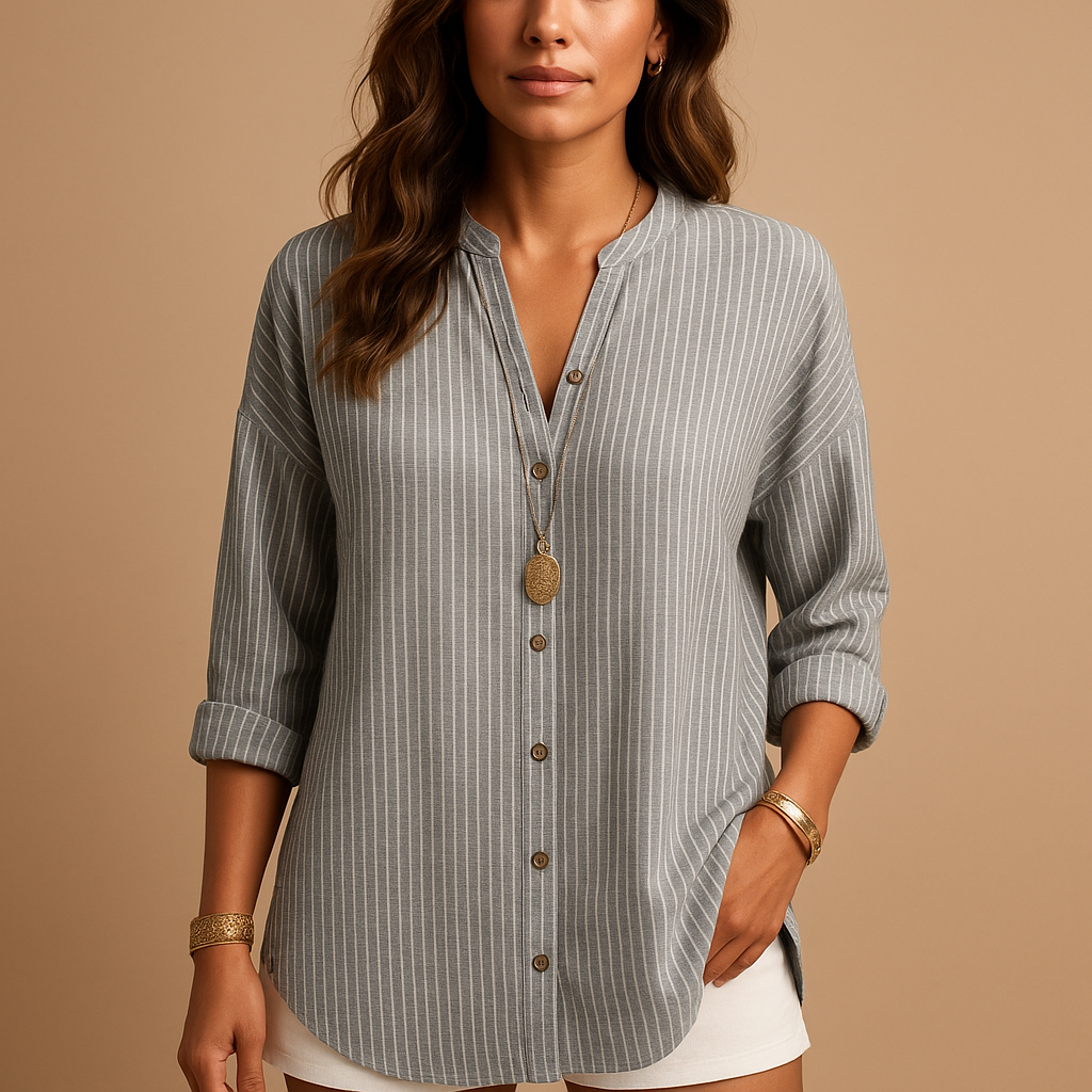 Womens striped V-neck long sleeve top. Chic and elegant blouse for versatile casual & office apparel.