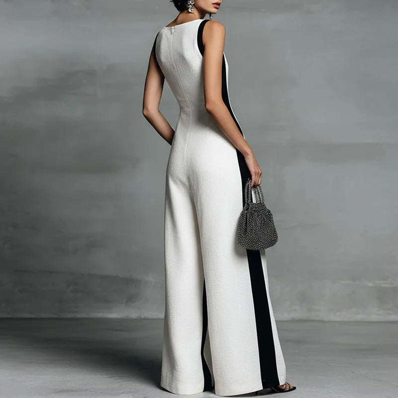 Chic women's wide-leg jumpsuit, sleeveless with deep V-neck, ideal for vacation, summer, or evening wear.