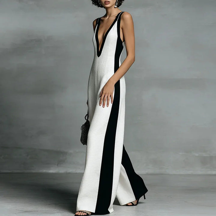 Comfortable women's striped wide-leg jumpsuit, deep V-neck, sleeveless, a versatile one-piece for casual chic.