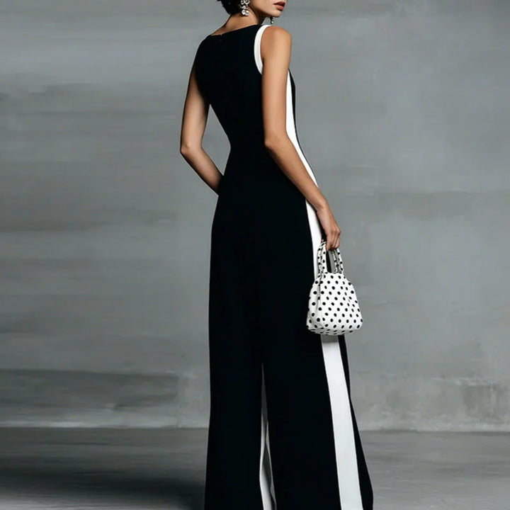 Elegant sleeveless women's jumpsuit with a deep V-neck and stylish wide-leg, featuring a chic striped pattern.