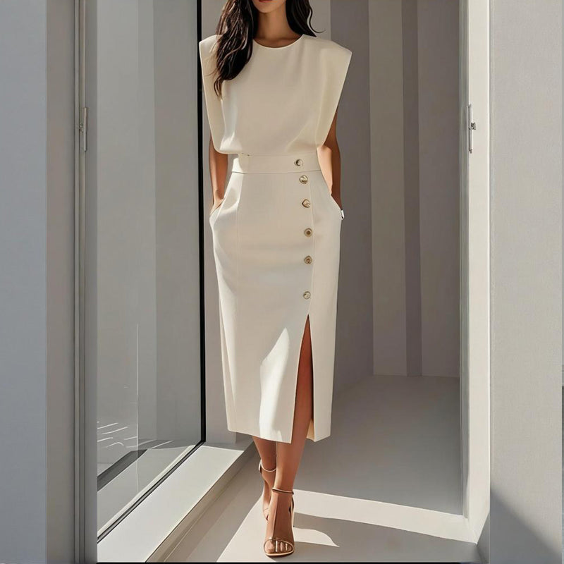 Elegant women's structured midi dress with tailored fit, perfect for formal occasions or sophisticated workwear.