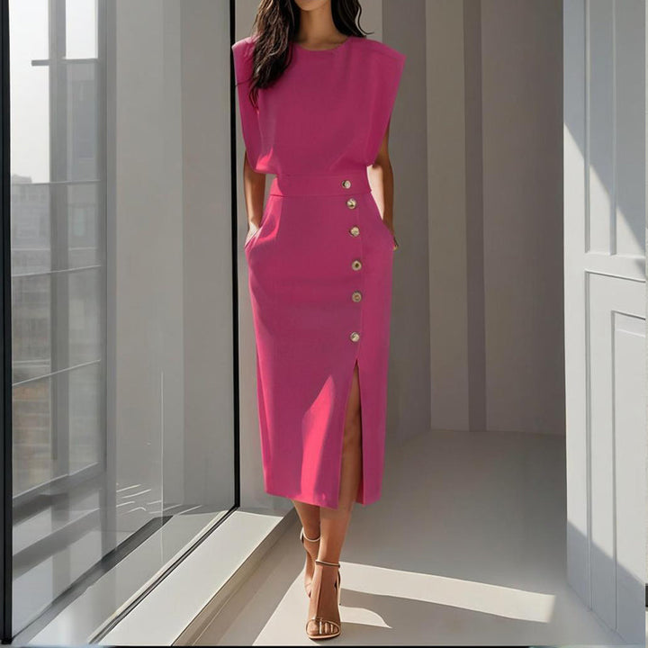 Formal women's elegant midi dress. Structured silhouette with chic side buttons & a fashionable slit detail.