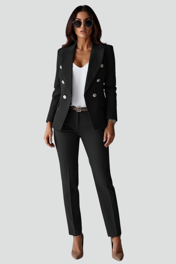 Stylish women's blazer, part of a two-piece suit set. Ideal for business wear, work outfits, and formal attire.