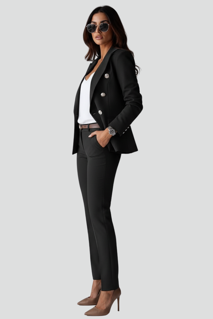 Straight-leg trousers from a women's suit set. Great for professional fashion, smart casual, and elegant workwear.